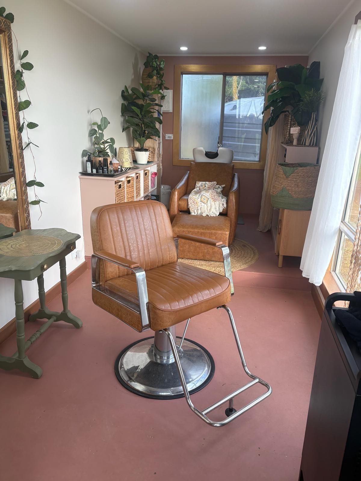 Leather styling chair, basin and plants in the salon